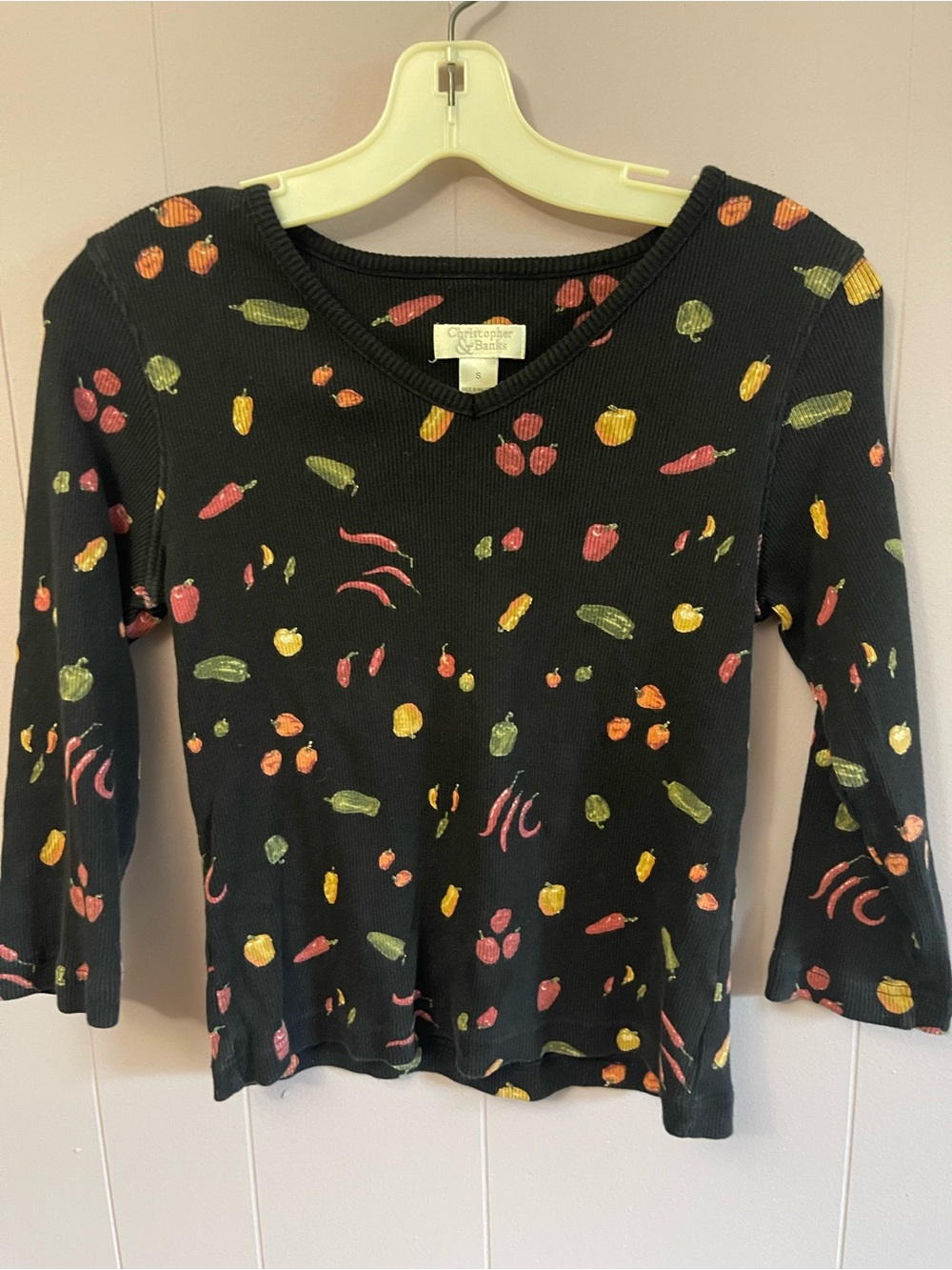 Christopher & Banks Black Long Sleeve Tee with Colorful Vegetable Print